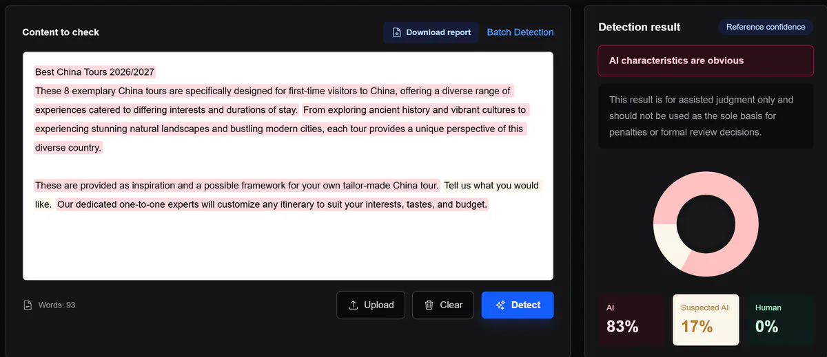 Unfox AI detection test report showing sentence-level signals and detection results