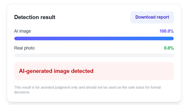 Example AI image detection result showing AI and real photo probabilities